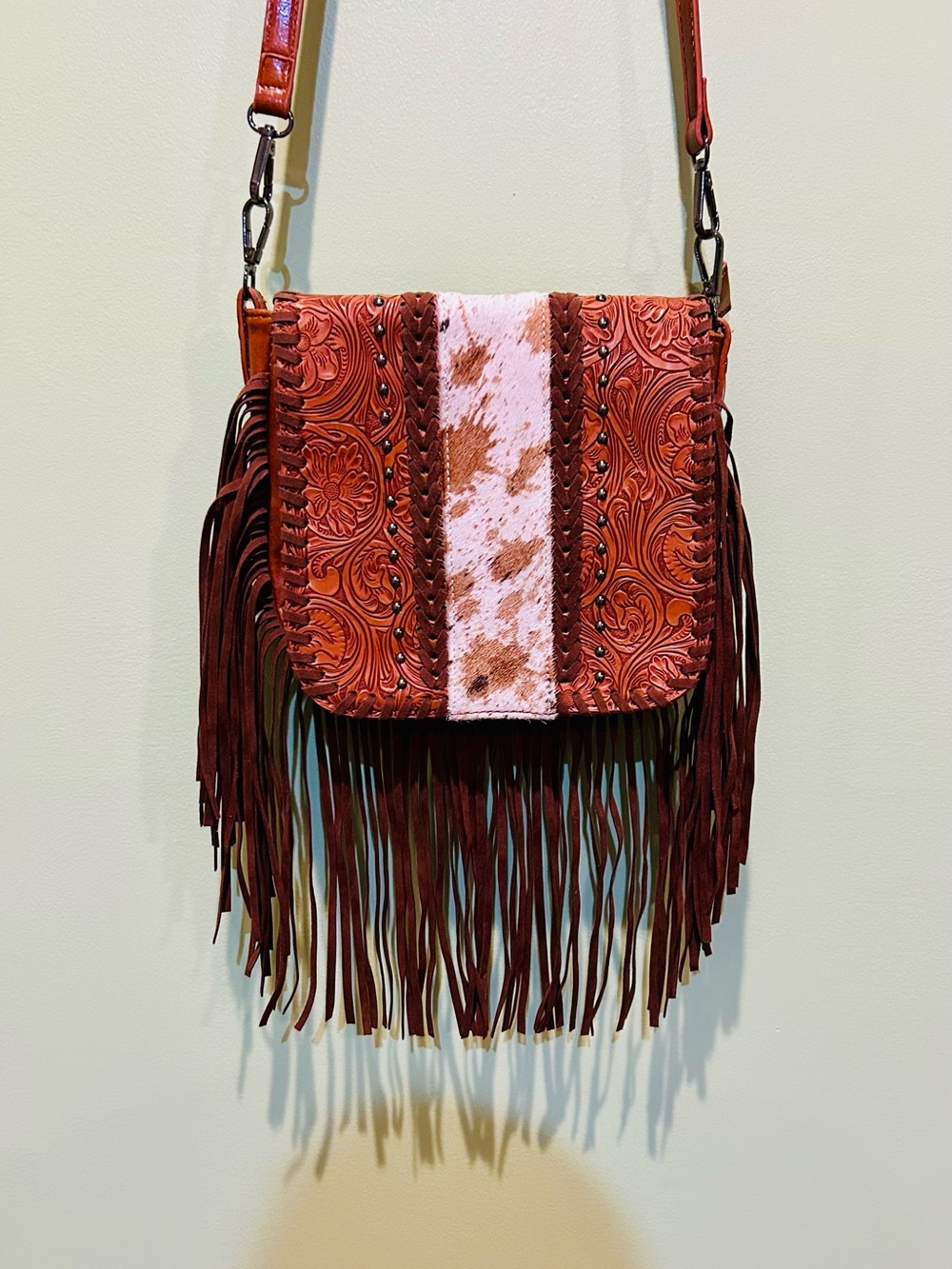 Fringed Tooled Leather Crossbody Bag
